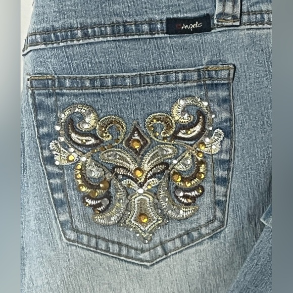 Angels Jeans Stretch Hipster cropped capri cuff light Denim gold crystal design - Picture 4 of 5